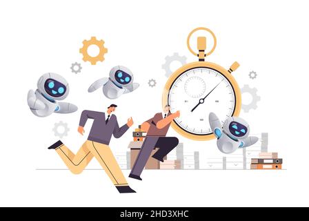 Überholte Geschäftsleute und Roboter, die mit Stoppuhr im Büro laufen, beeilen sich bei der Terminverwaltung Stock Vektor