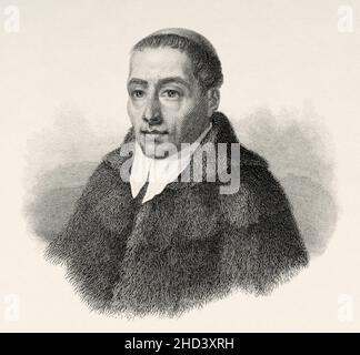Bernhardiner de Menthon (923-1009) Bernardo de Aosta, ein italienischer Ordensmann, war Gründer der Chorherren der Krankenhauskongregation des Großen Heiligen Bernhard. Zu seinen Ehren tragen die von Schweizer Mönchen ausgebildeten Hunde den Namen des Heiligen Bernhard, der die christlichen Pilger begleitet. Europa. Alte gravierte Illustration aus dem 19th. Jahrhundert von Portraits et histoire des hommes utile von Societe Montyon et Franklin 1837 Stockfoto