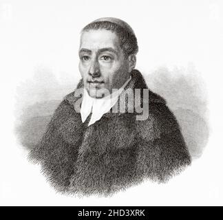 Bernhardiner de Menthon (923-1009) Bernardo de Aosta, ein italienischer Ordensmann, war Gründer der Chorherren der Krankenhauskongregation des Großen Heiligen Bernhard. Zu seinen Ehren tragen die von Schweizer Mönchen ausgebildeten Hunde den Namen des Heiligen Bernhard, der die christlichen Pilger begleitet. Europa. Alte gravierte Illustration aus dem 19th. Jahrhundert von Portraits et histoire des hommes utile von Societe Montyon et Franklin 1837 Stockfoto
