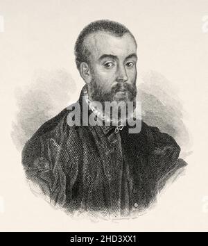 Andreas Vesalius (1514-1564) Anatom, Arzt und Autor eines der einflussreichsten Bücher über die menschliche Anatomie, De Humani Corporis Fabrica Libri Septem, Begründer der modernen menschlichen Anatomie, aus dem 16th. Jahrhundert. Professor an der Universität Padua, kaiserlicher Arzt am Hof von Kaiser Karl V. Europa. Alte gravierte Illustration aus dem 19th. Jahrhundert von Portraits et histoire des hommes utile von Societe Montyon et Franklin 1837 Stockfoto