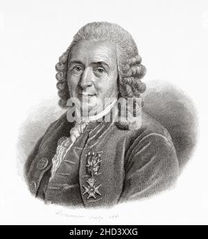 Carl Linné (1707-1778) Carl von Linné war ein schwedischer Botaniker, Zoologe, Taxonom und Arzt, der die Binomialnomenklatur, das moderne System der Namensgebung von Organismen, formalisierte. Er ist bekannt als der Vater der modernen Taxonomie. Europa. Alte gravierte Illustration aus dem 19th. Jahrhundert von Portraits et histoire des hommes utile von Societe Montyon et Franklin 1837 Stockfoto