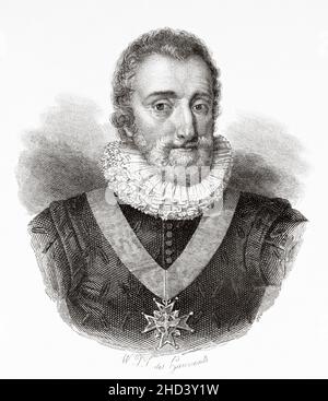 Heinrich IV. (1553-1610), auch bekannt durch den guten König Heinrich oder Heinrich den Großen, war König von Navarra als Heinrich III. Und König von Frankreich von 1589 bis 1610. Er war der erste Monarch Frankreichs aus dem Haus Bourbon. Frankreich. Europa. Alte gravierte Illustration aus dem 19th. Jahrhundert von Portraits et histoire des hommes utile von Societe Montyon et Franklin 1837 Stockfoto