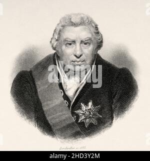 Sir Joseph Banks (1743-1820) 1st Baronet, war ein englischer Naturforscher, Botaniker und Patron der Naturwissenschaften. Naturhistorische Expedition nach Neufundland und Labrador. Er nahm an der ersten großen Reise von Captain James Cook Teil. VEREINIGTES KÖNIGREICH. Europa. Alte gravierte Illustration aus dem 19th. Jahrhundert von Portraits et histoire des hommes utile von Societe Montyon et Franklin 1837 Stockfoto