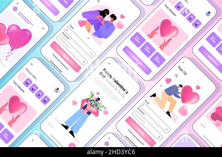Liebevolle Menschen feiern glücklichen Valentinstag Männer Frauen in der Liebe auf Smartphone-Bildschirmen Stock Vektor