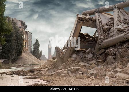 Blick auf ein einstürzendes Industriegebäude aus Beton mit britischem Parlament im Hintergrund und einem dunklen, dramatischen Himmel über dem Gebäude. Beschädigtes Haus. Szene voller Trümmer. Stockfoto