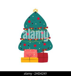 Weihnachtsgeschenke unter dem Weihnachtsbaum Vektor-Illustration in flachem Stil. Isolieren Stock Vektor