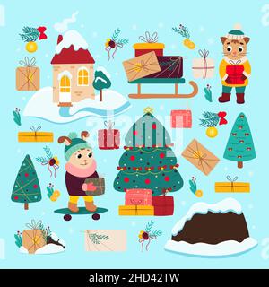 Niedliches Weihnachts-Set mit Hase und Katze. Vektor-Illustration in Karton flach Stil Stock Vektor
