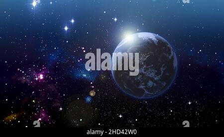 Oberfläche des Erdplaneten im tiefen Weltraum. Hintergrund für den äußeren dunklen Raum. Nacht auf dem Planeten mit Stadtlichtern. Blick vom Orbit. Die Elemente dieses Bildes liefern Stockfoto