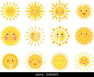 Niedliche Sonnengesichter. Glück Freude Sonnen, isoliert Baby Sonnenschein Elemente. Lustige lächelnde Morgen Symbole, skandinavischen Stil Sommer anständigen Vektor-Set Stock Vektor