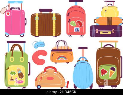 Koffer. Reisegepäck, Cartoonkoffer. Reiseangebote, Tourismus und Urlaub. Reisetaschen, Rucksäcke für Reisen. Flache Reise anständig Stock Vektor