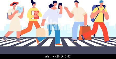 Menschenmenge auf dem Fußgängerüberweg. Menschen, die auf der Stadtstraße spazieren. Städtische Innenstadt, Touristen, Geschäftsmann und Studenten Charaktere, Vektor-Konzept Stock Vektor