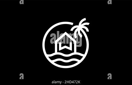 Eine Linie am Icon-Logo einer Palme mit Wellen und einem Haus mit einem Buchstaben W Stock Vektor