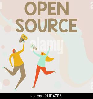 Inspiration zeigt Zeichen Open Source. Das Konzeptfoto enthält den Quellcode, der geändert und erweitert werden kann Illustration of Partners Jumping Stockfoto