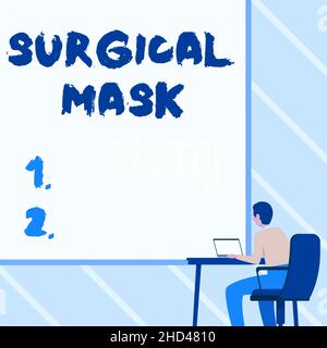 Konzeptionelle Anzeige Chirurgische Maske. Geschäftskonzept von Gesundheitsfachkräften während der Operation und während der Stillzeit getragen Mann sitzenden Sessel mit Laptop Stockfoto