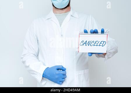 Das Schreiben mit dem angezeigten Text wurde abgebrochen. Geschäftsansatz, um zu entscheiden, etwas geplantes oder erwartetes nicht durchzuführen oder durchzuführen Scientist Presenting New Stockfoto