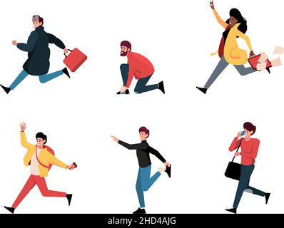 Late People. Geschäftsfiguren laufen Person Eile zu Bürogeschwindigkeit Lifestyle gestresst Eile gestresste Menschen grellen Vektor flache Illustrationen Stock Vektor