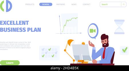 Geschäftsanflug. Beschäftigter Charakter sitzt am Arbeitsplatz mit Laptop oder pc-Monitor auf Tisch grellen Vektor-Web-Seite Vorlage Stock Vektor