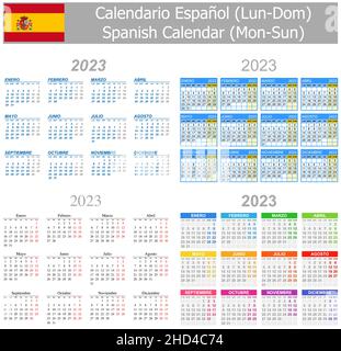 2023 Spanischer Mix Kalender Mo-so auf weißem Hintergrund Stock Vektor