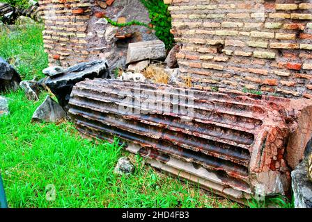 Ein Blick auf archäologische riesige Stätte mit zerstörten Mauern auf Grasland in Pompeji, Kampanien, Italien Stockfoto