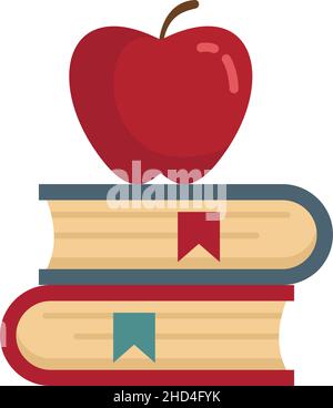 Symbol für roten Apfel auf Buchstapel. Flache Abbildung des roten Apfels auf Buchstapel Vektor-Symbol isoliert auf weißem Hintergrund Stock Vektor