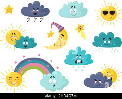 Süßes Wetter. Regen wütende Wolke, Freude Sonne. Isolierter Sonnenschein, Wetterprognosesymbole. Kindliche Cartoon lustige Charaktere, Mond und Stern noble Vektor-Set Stock Vektor