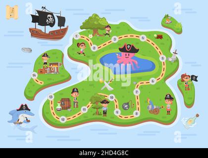 Piratenspiel-Karte. Pirates Attraction, Bordpapier Reisekarten. Ocean Island of Treasure, Schritt für Schritt spielen für Kinder. Kinder Puzzle mit Ebenen anständig Stock Vektor