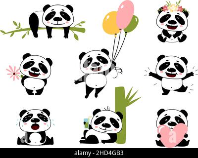 Cartoon Panda-Figuren. Pandas Aufkleber, nette Posen des chinesischen Zootieres. Isolierte wilde lustige Bär hält Bambus, Herz und Ballons, stilvoll Stock Vektor