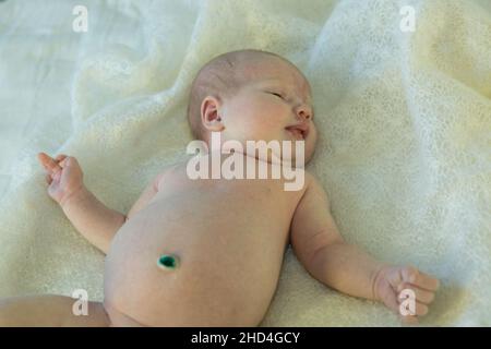 Neugeborenes Mädchen liegt auf dem Bett. Das Baby ist gerade zwei Wochen alt geworden. Pflegekonzept für Neugeborene. Stockfoto