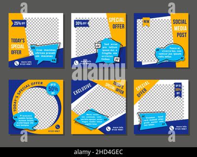Medienpost-Vorlage. Entwicklung sozialer Rahmen, Foto-Banner mit Schlagzeilen Zitat. Produktwerbeflyer, blaue geometrische Folien, aufgeräumter Vektor Stock Vektor