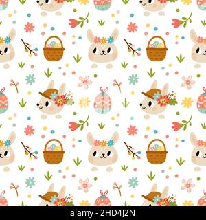 Nahtloses Muster niedliche Kaninchen. Kleine Hasen Köpfe mit Blumen Stirnbänder, Hüte und Körbe mit gemusterten ostereiern, Frühlingsferien. Textile Einrichtung Stock Vektor