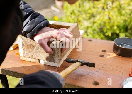 Nahaufnahme einer Person, die ein DIY-Projekt zusammenhammelt. DIY, Bau, Heimwerkerkonzept Stockfoto