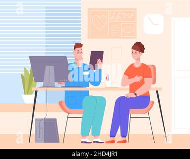 Arzttermin des Patienten. Beratung beim Arzt in der Arztpraxis, Klinik Psychologe Beratungsraum Sitzung Krankenhaus, Behandlung Gesundheit Vektor Illustration. Ärztliche Beratung durch den Arzt Stock Vektor