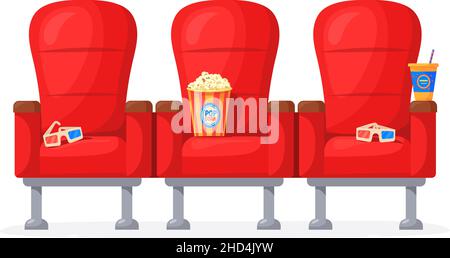 Cartoon-Kinostuhl. Rote Kinosessel für bequemes Ansehen von Filmen zu Hause, Nachtbildschirm auf dem Sofa mit Popcorn 3D Gläser, Zuschauer Konzert Vektor. Abbildung der Stühle Reihe für Film Stock Vektor