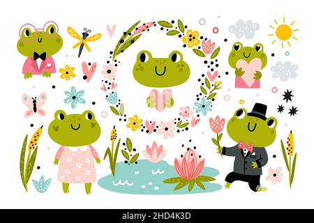 Lustige Frösche Teich. Cartoon-Amphibie. Lotusblumen und Schilf. Blumenkranz. Fliegeninsekten. Wolken und Sonne. Kröten in der Kleidung. Wassertiere Stock Vektor