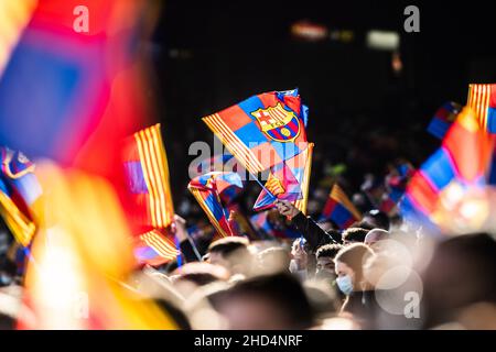 Barcelona, Spanien. 3rd. Januar 2022: Nou Camp, Barcelona, Spanien; FC Barcelona Pressekonferenz zur Vorstellung der neuen Unterschrift Ferran Torres und Trainingseinheiten: FC Barcelona flagiert während der Trainingseinheit des FC Barcelona im Camp Nou Stadium Credit: Action Plus Sports Images/Alamy Live News Stockfoto