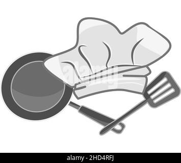 Chef-Logo auf weißem Hintergrund. Restaurant oder Bistro-Symbol mit Chefhut, Frier und Spatel. Emblem für Kochschulunterricht oder Kochkurs Stock Vektor