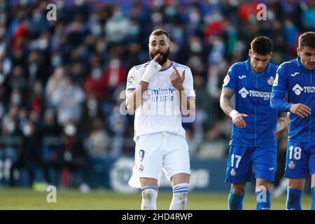 Karim Benzema von Real Madrid während des Fußballspiels der spanischen Meisterschaft La Liga zwischen Getafe CF und Real Madrid am 2. Januar 2022 im Coliseum Alfonso Perez Stadion in Getafe, Madrid, Spanien - Foto: Oscar Barroso/DPPI/LiveMedia Stockfoto