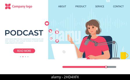 Frau mit Laptop und Mikrofon, in Kopfhörern. Konzept der Erstellung von Podcast, Blogging, Interviews, Webinar, Online-Kursen. Flache Vektorgrafik Stock Vektor