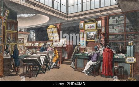 Rudolph Ackermanns Londoner Laden Repository of Arts, den er 101 von seinem früheren Standort in der Pall Mall in 1794 The Strand verlegte. Nach einem Werk von Thomas Rowlandson und Augustus Charles Pugin aus dem Jahr 1809. Stockfoto