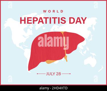 Banner zum Welt-Hepatitis-Tag mit Weltkarte und Leber. Vektorgrafik Stock Vektor