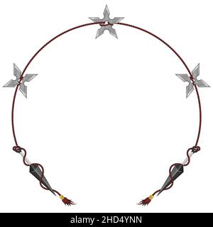 Kunai und Shuriken Ninja Waffendesign in kreisförmigem Seil gebunden Stock Vektor