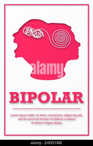 BIPOLAR. Poster für medizinische Einrichtungen. Silhouette zwei Gesichter. Das Konzept der geistigen Zerstörung der Persönlichkeit. Frau, die an bipolaren DIS leidet Stockfoto