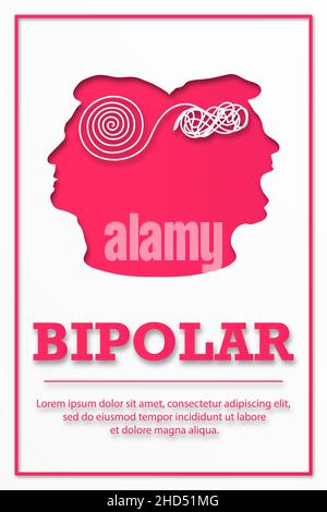 BIPOLAR. Poster für medizinische Einrichtungen. Silhouette zwei Gesichter. Das Konzept der geistigen Zerstörung der Persönlichkeit. Mann, der an bipolarer Disor leidet Stockfoto