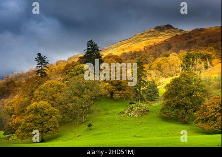 Helm Crag und die Lakeland Fjälls in der Nähe von Grasmere im Herbst. Stockfoto