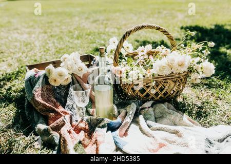 Nahaufnahme eines Picknickaufbaus im Freien in direkter Sonne Stockfoto