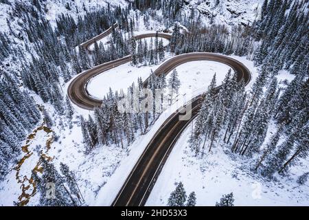 Bergstraße schlängelt sich im Winter durch Kiefern, Colorado Stockfoto