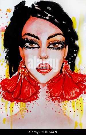 Modische Mädchen Porträt Aquarell Illustration Stockfoto