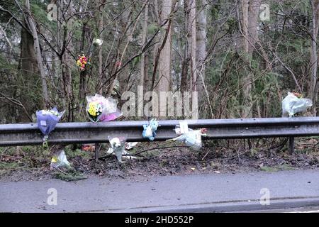 Galashiels, Großbritannien. 03rd Januar 2022. Floral Tributes for Mason MacKenzie und Nachrichten, die nach einem Unfall am 27. Dezember 2021 an der Seite der A7 hinterlassen wurden Straßenpolizeibeamte an den schottischen Grenzen appellieren an Zeugen nach einem tödlichen Verkehrsunfall in der Nähe von Galashiels. Der Vorfall ereignete sich auf der A7, etwa eine halbe Meile nördlich von Galashiels, unter Beteiligung eines roten Seat Ibiza und eines schwarzen Seat Ibiza gegen 9,10 Uhr am Montag, dem 27. Dezember 2021. Kredit: Rob Gray/Alamy Live Nachrichten Stockfoto