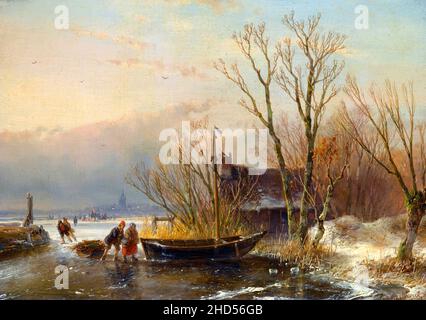 Winterszene auf dem Eis mit Holzsammlern des niederländischen Künstlers Andreas Schelfhout (1787–1870), Öl auf Tafel, 1849 Stockfoto