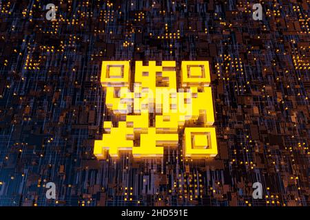 3D QR-Code auf abstrakter Elektronik. Technologiekonzept, Link, Online- und Immunisierungszertifikat. 3D Rendern Stockfoto